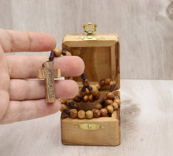 Olive Wood Box With Rosary Jerusalem Hand Carved Holy Land Christian Keepsake