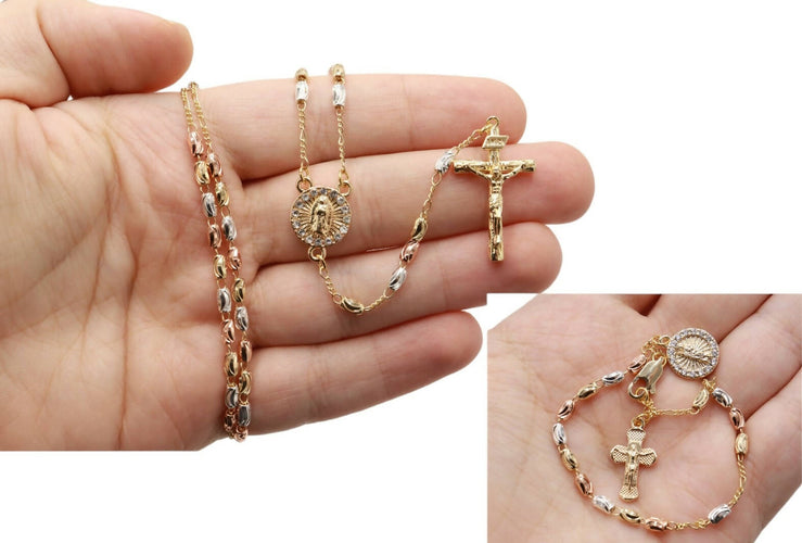 Set Rosary Necklace Bracelet Tri Color Gold plated Stainless steel 2Pcs Holy Land Jerusalem Gifts