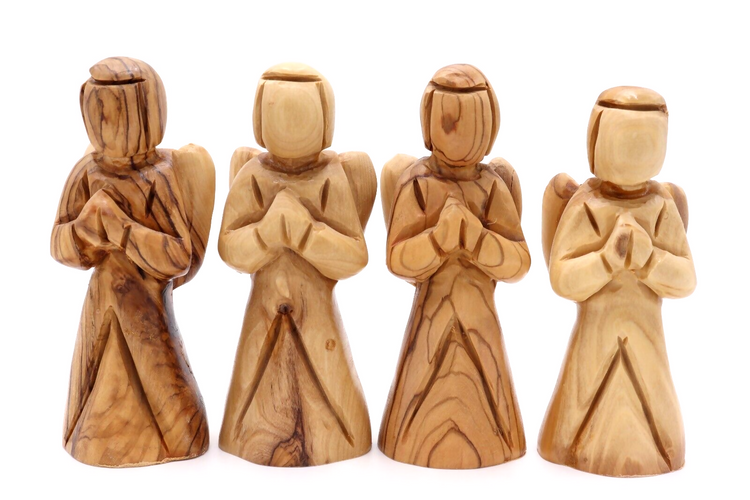 4 Pcs Angel Hand Carved Olive Wood statue Holy Land Jerusalem figure pray X4