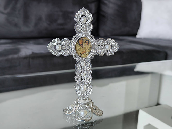 Metal Cross Holy Land Virgin mary Decoration Jeweled Accents pearls Desktop Gift silver Religion Home Blessed