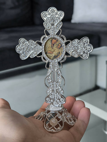 Metal Cross Holy Land Virgin mary Decoration Jeweled Accents Desktop Gift silver Religion Home Blessed