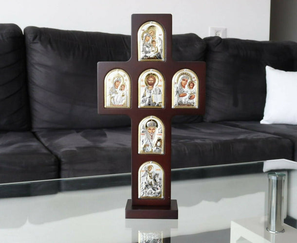 Wooden Cross multiple Silver Christian Orthodox Icon Silver 950 Nikolaos