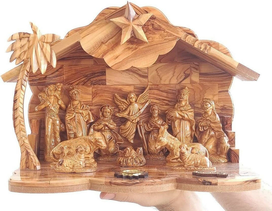 Nativity Musical Christmas 13 inch cave Jesus Birth Olive Wood Bethlehem Carved