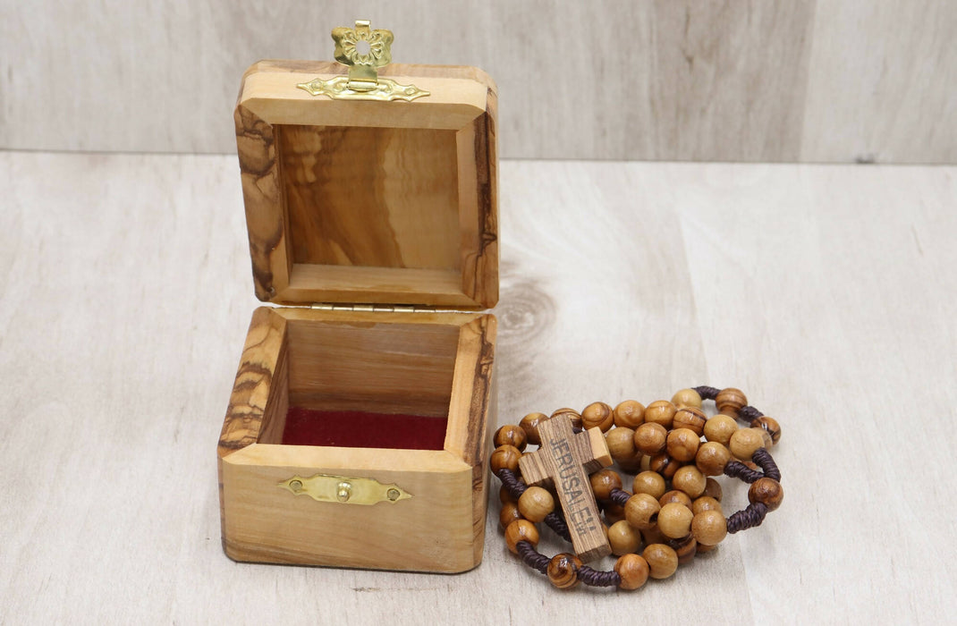 Olive Wood Box With Rosary Jerusalem Hand Carved Holy Land Christian Keepsake
